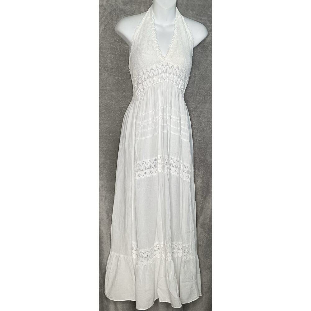 Sea Spice White Medium Halter Maxi Dress Peruvian Cotton Boho Resort